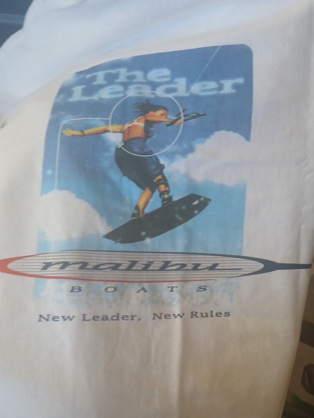 Malibu White Tee with Blue Graphic Wakeboard Scene